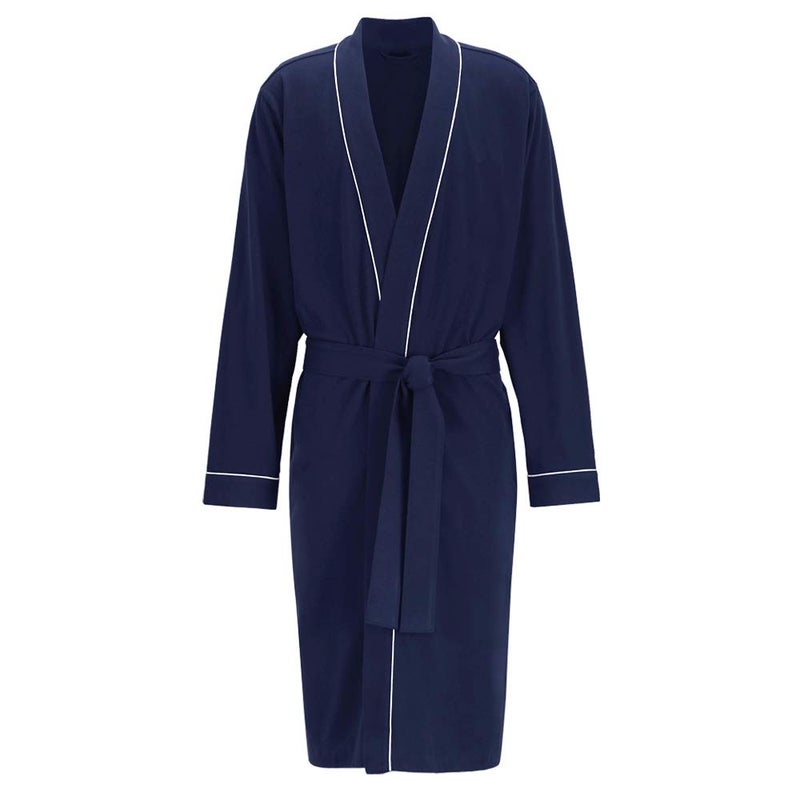 HOLOVE Knit Lightweight Cotton Bathrobes Knee Length Comfy Kimono Spa & Dressing Gowns for Men (Navy Blue L/XL) - Image 2